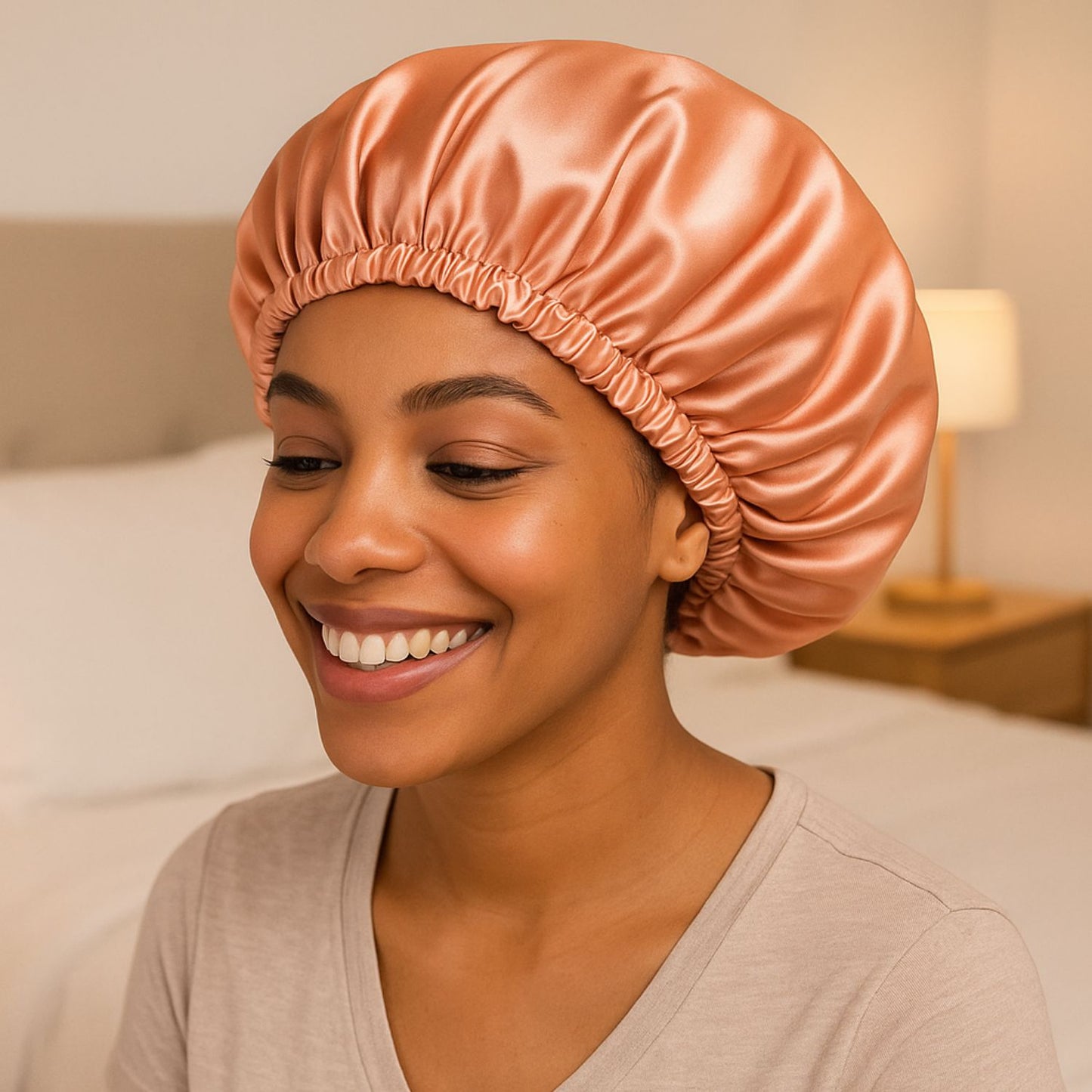 Bonnet en satin cheveux Satinea Saumon cheveux bouclés saumon cheveux ondulés cheveux afro