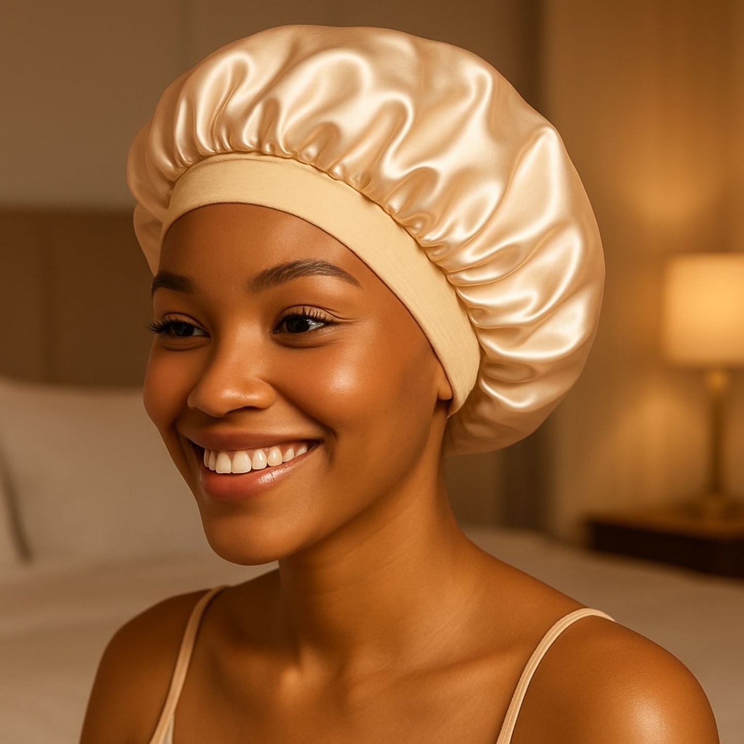 Bonnet en satin cheveux bouclés charlotte beige soins capillaire