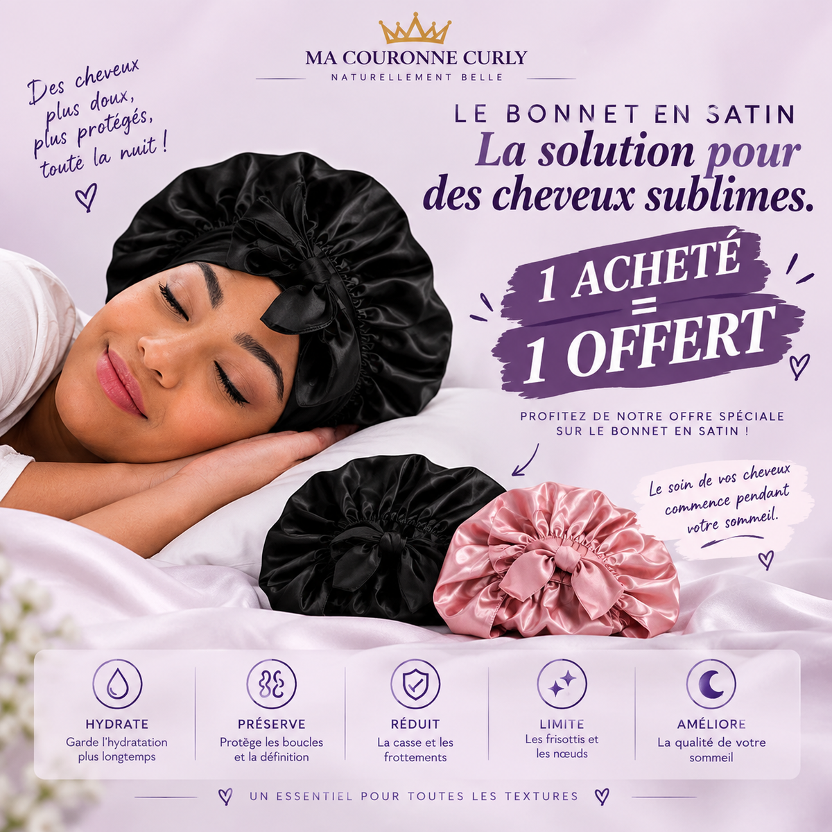 1 bonnet en satin acheté = 1 bonnet en satin offert