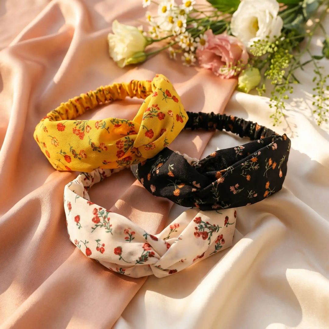 Bandeau Cheveux Camelia jaune blanc noir lot 3 bandeaux fleur