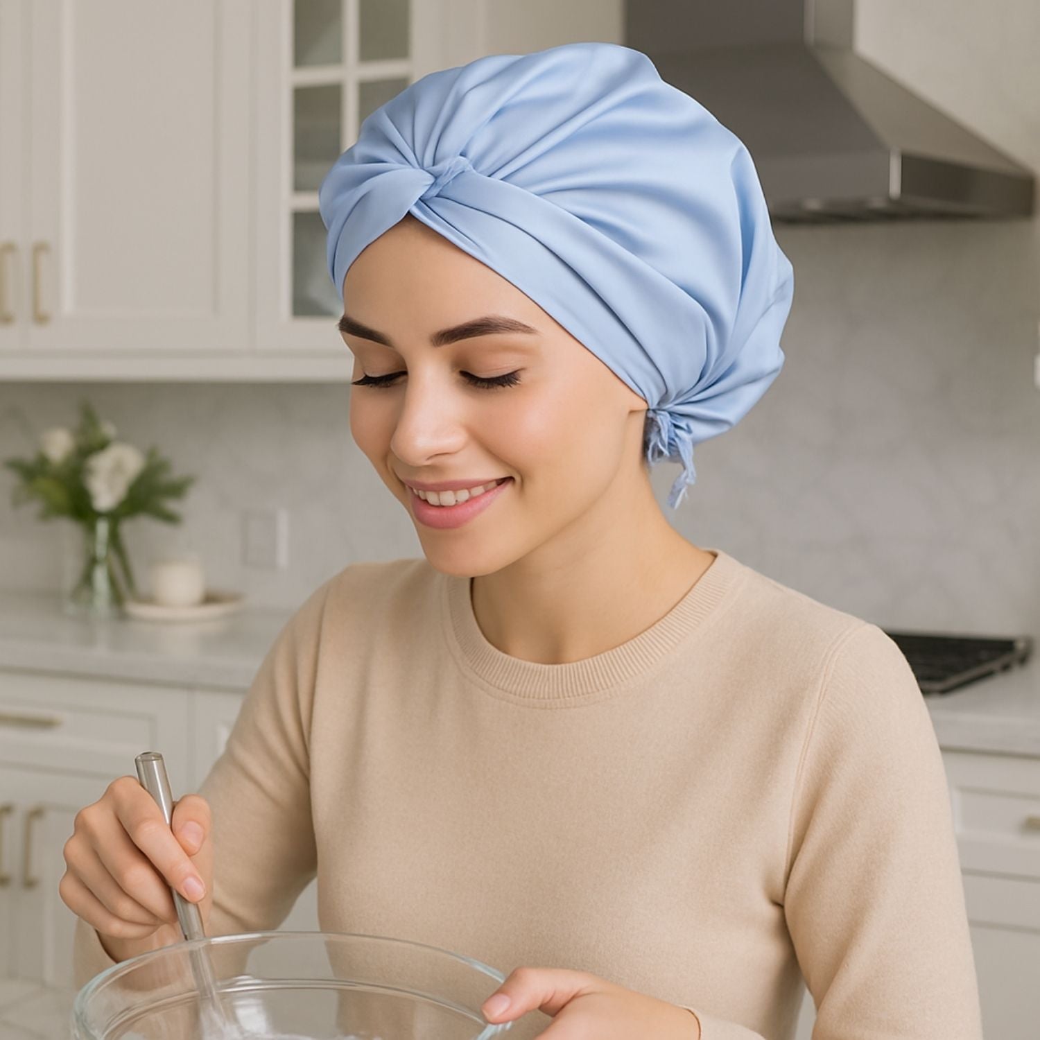 Bonnet de nuit Sanuit bleu femme bonnet satin