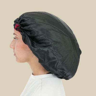 Bonnet de nuit en satin Satinea noir elastique ajustable cheveux