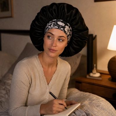 Bonnet en Satin Floral noir femme cheveux bouclés