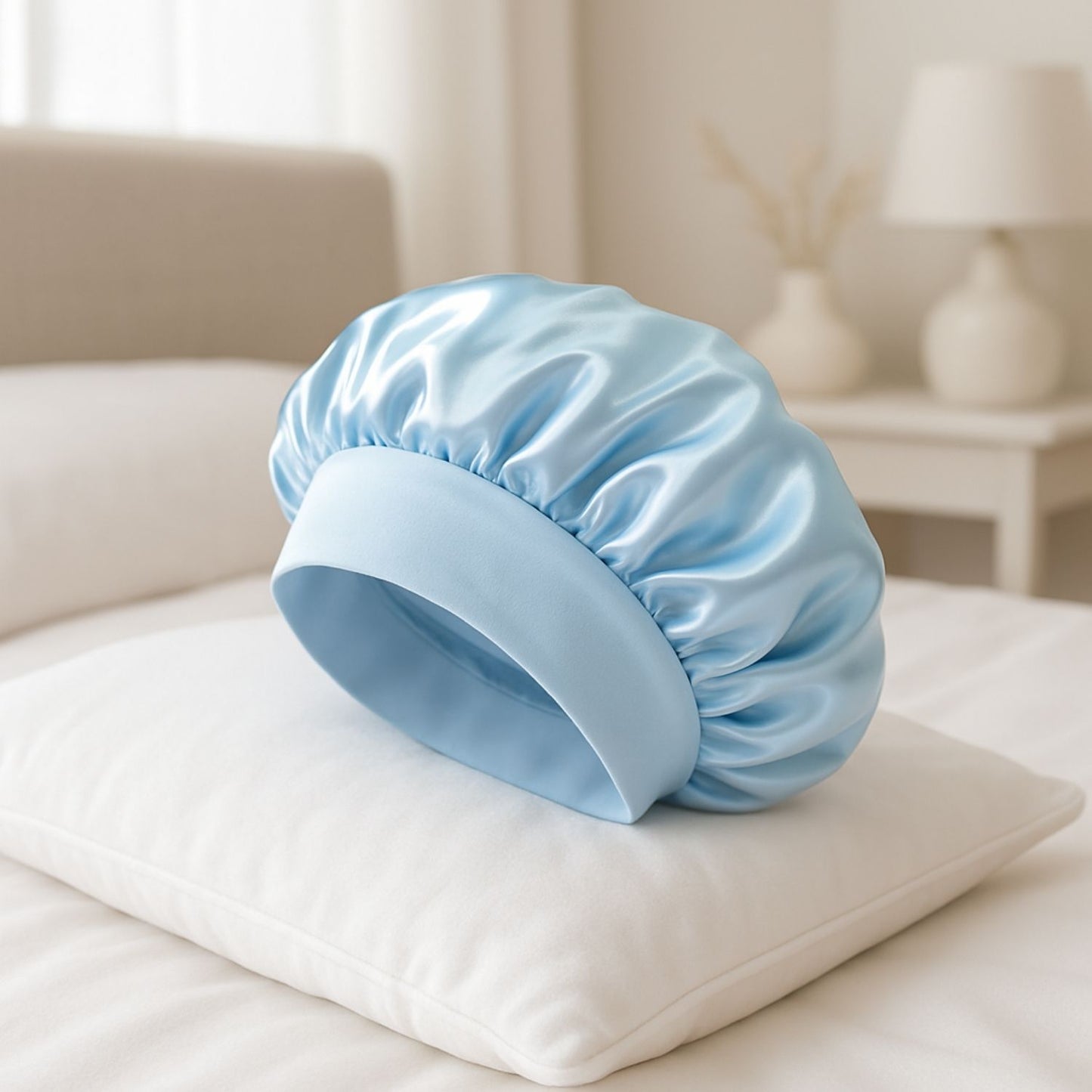 Bonnet en satin Charlotte bleu cheveux bouclés coiffures protectrice boucles