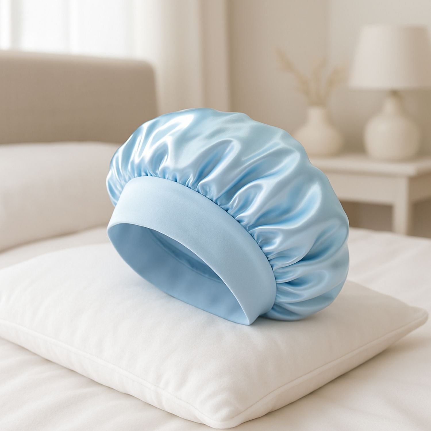 Bonnet en satin Charlotte bleu cheveux bouclés coiffures protectrice boucles