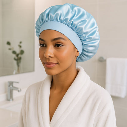 Bonnet en satin Charlotte bleu cheveux bouclés soins nocturne hydratation