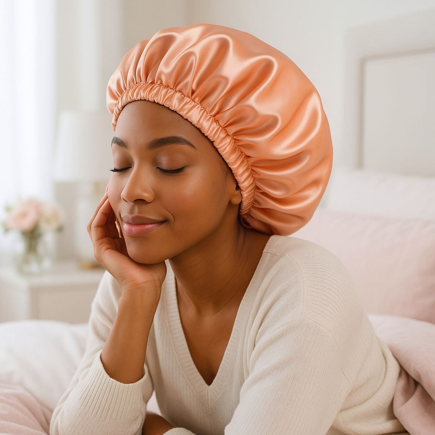 Bonnet en satin cheveux Satinea Saumon cheveux bouclés saumon afro