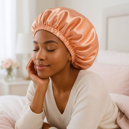 Bonnet en satin cheveux Satinea Saumon cheveux bouclés saumon afro