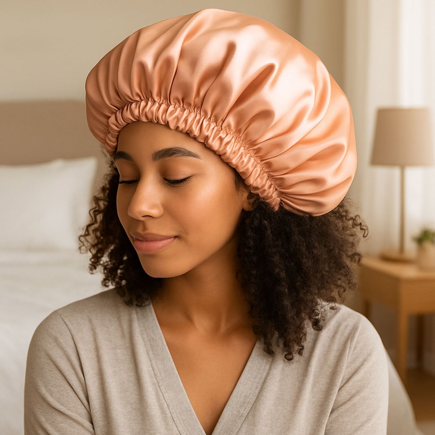 Bonnet en satin cheveux Satinea Saumon cheveux bouclés saumon cheveux crépus