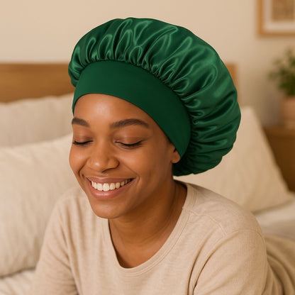 Bonnet en satin cheveux bouclés Charlotte vert cheveux afro