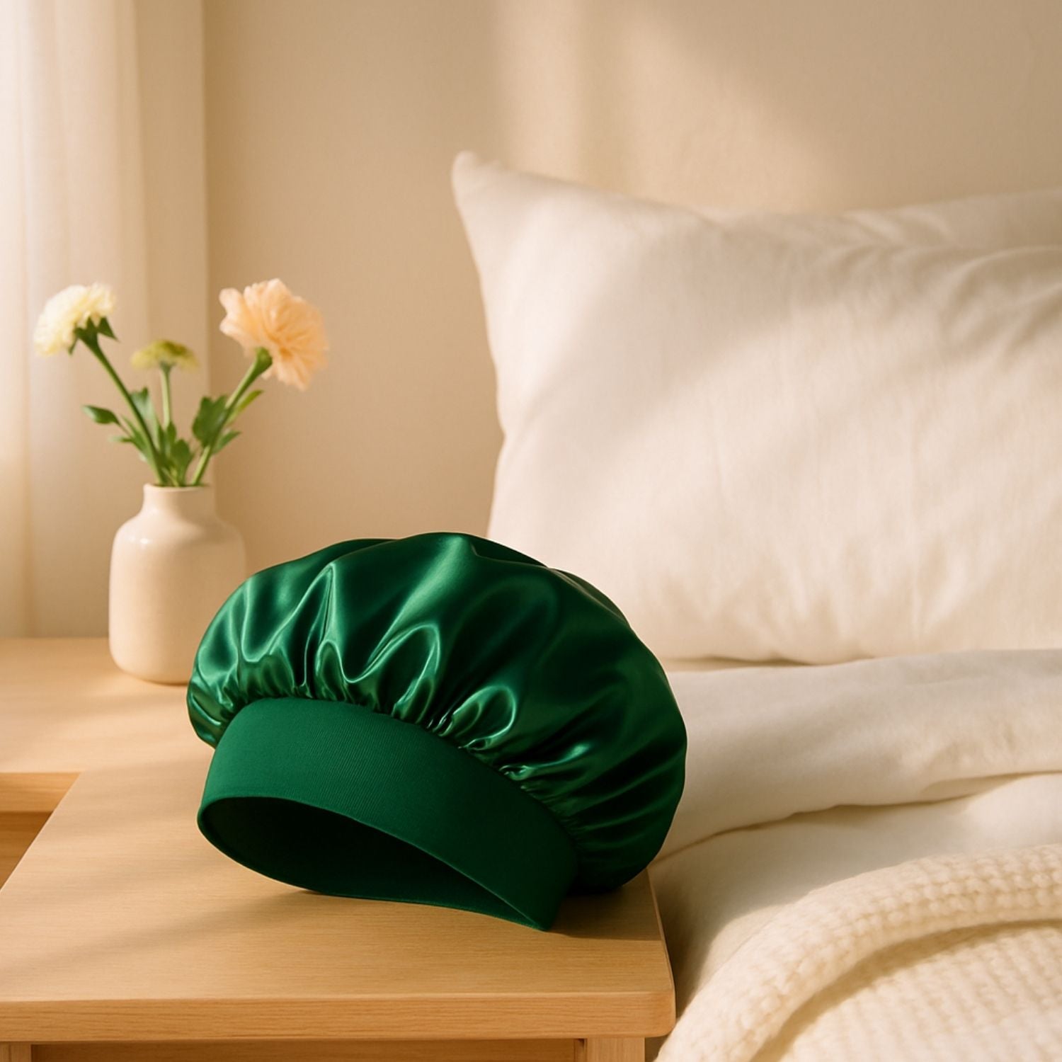Bonnet en satin cheveux bouclés Charlotte vert dort nuit coiffure cheveux