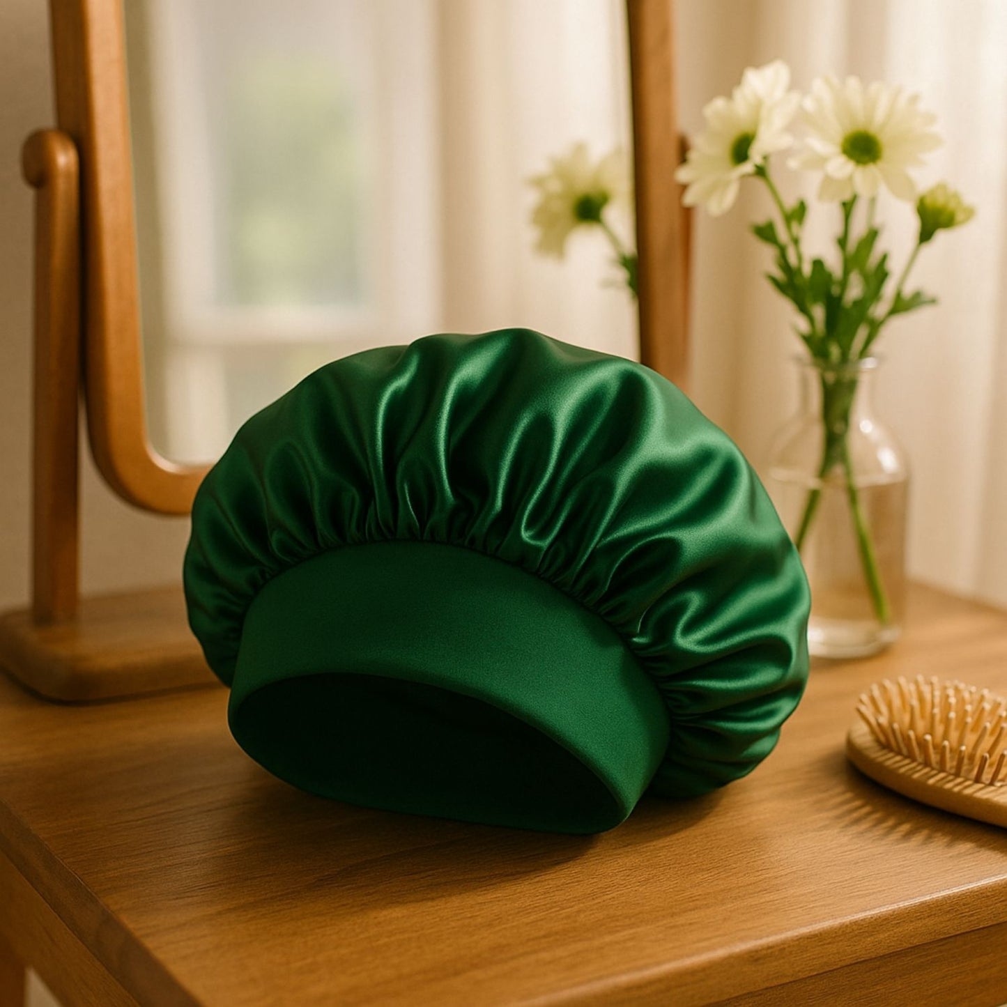 Bonnet en satin cheveux bouclés Charlotte vert protection capillaire