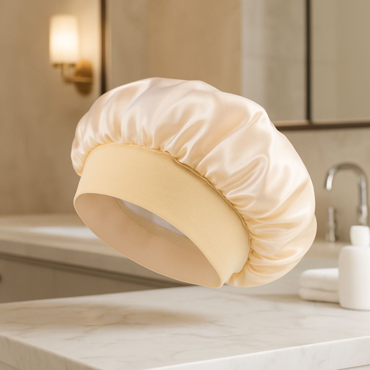 Bonnet en satin cheveux bouclés charlotte beige protection boucles soyeuses