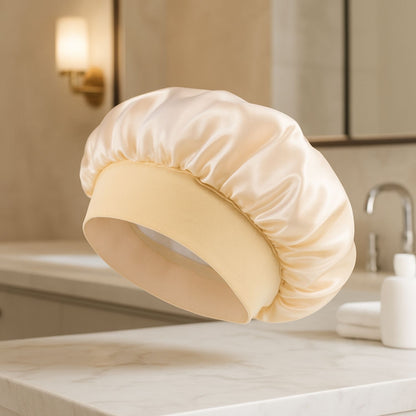 Bonnet en satin cheveux bouclés charlotte beige protection boucles soyeuses