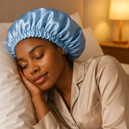 Bonnet en satin cheveux bouclés satinea Bleu cheveux afro