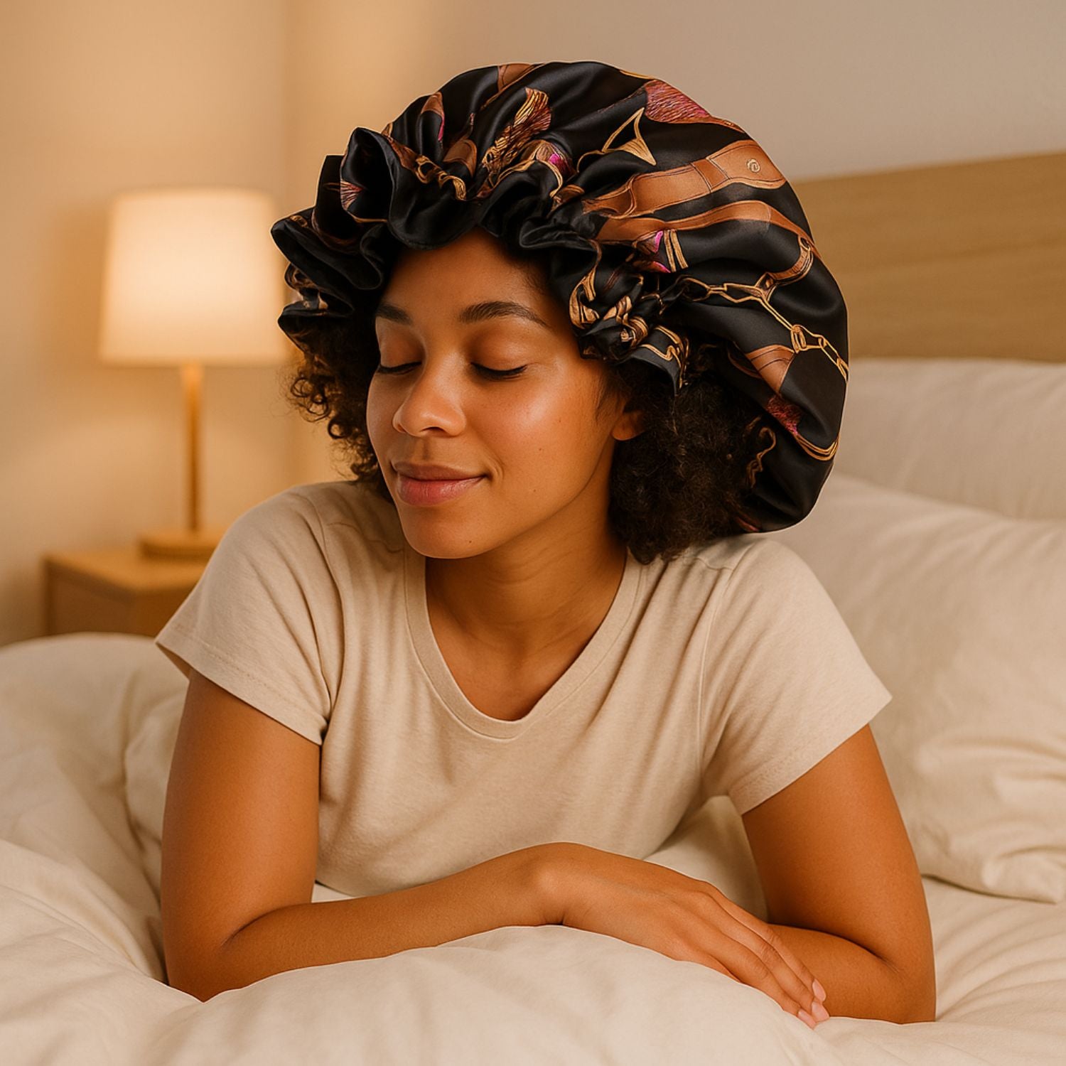 Bonnet satin cheveux Floral noir motif protège cheveux bouclés nuit afro