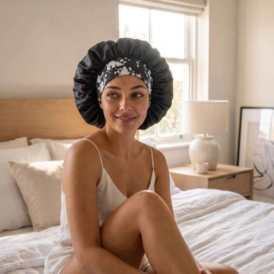Bonnet en Satin Floral noir femme cheveux bouclés large élastique