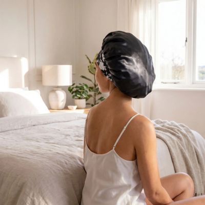Bonnet en Satin Floral noir femme cheveux frisés large LARGE