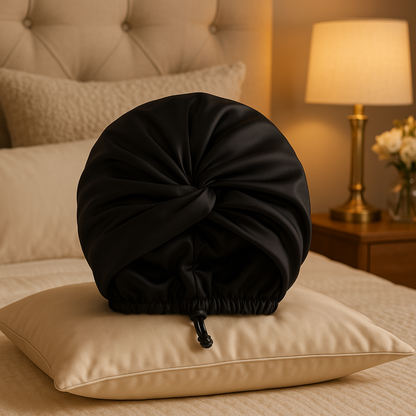 Bonnet en satin noir réglable cheveux femme soins MASQUE