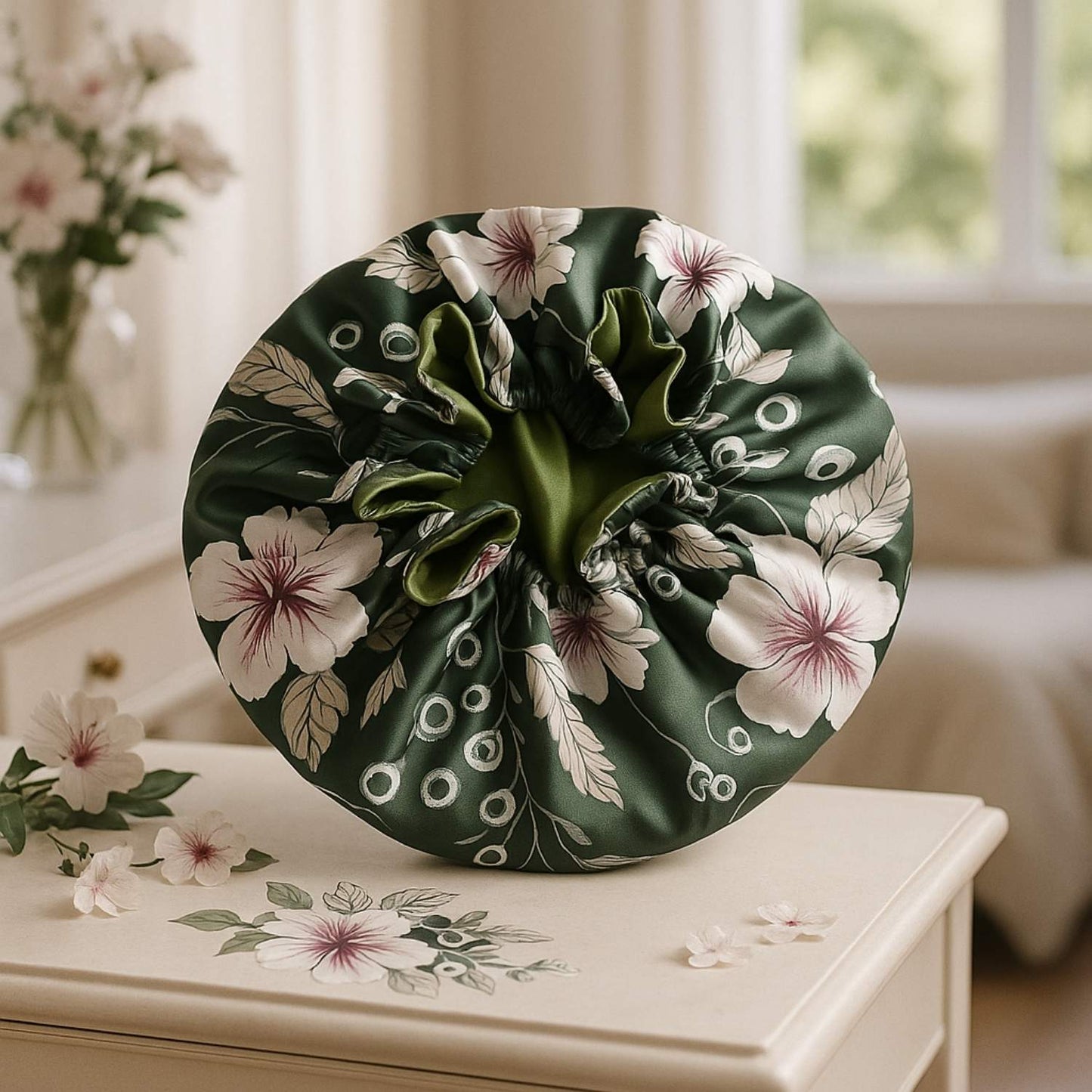 Bonnet en satin vert motifs à fleur réversible