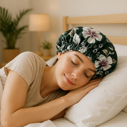Bonnet en satin vert motifs à  fleur réversible femme dort