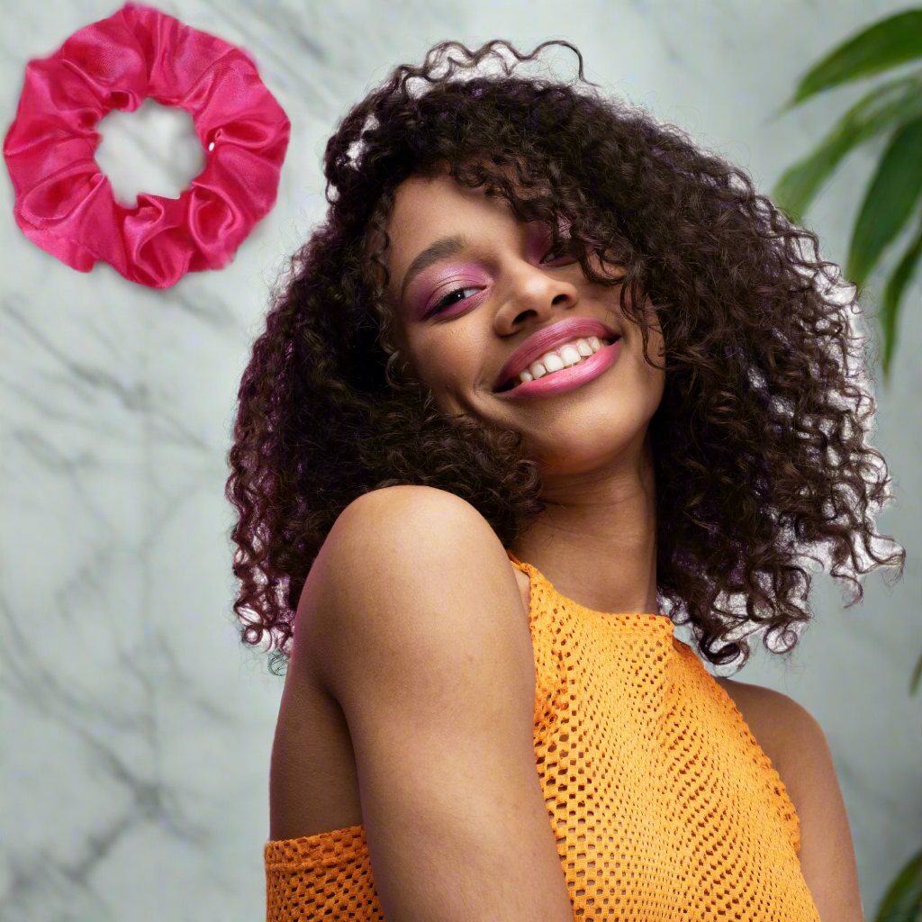 Chouchou-Satin-RetroChicFushia-cheveux-bouclés