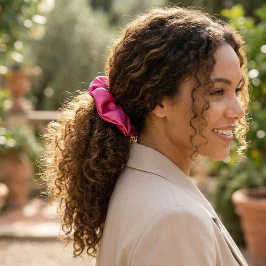 Chouchou Satin RetroChicFushia cheveux satin soie rose cheveux bouclés