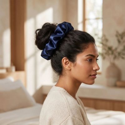 Chouchou en satin Trio Signature Extra Large bleu chignon
