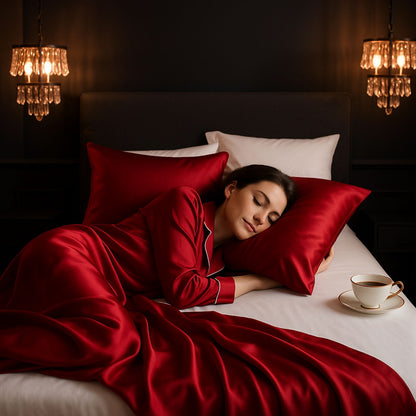 Taie d'oreiller en soie pour cheveux Enveloppante rouge cheveux bouclés ondulés