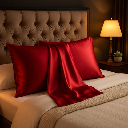 Taie d'oreiller en soie pour cheveux Enveloppante rouge cheveux bouclés