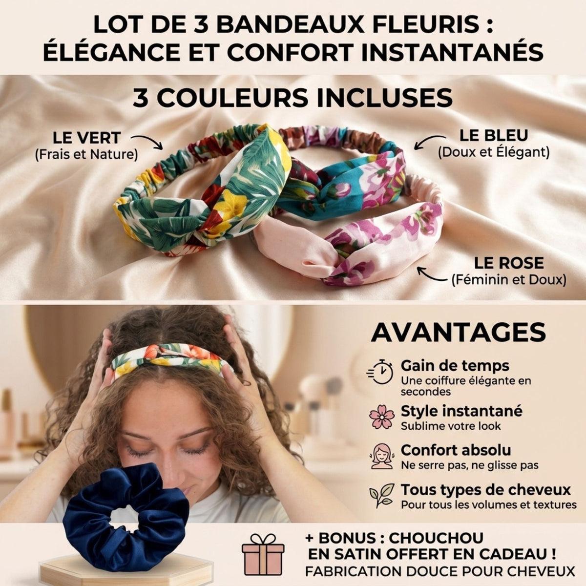 bandeau cheveux maintien fleuri lot de 3 cadeaux