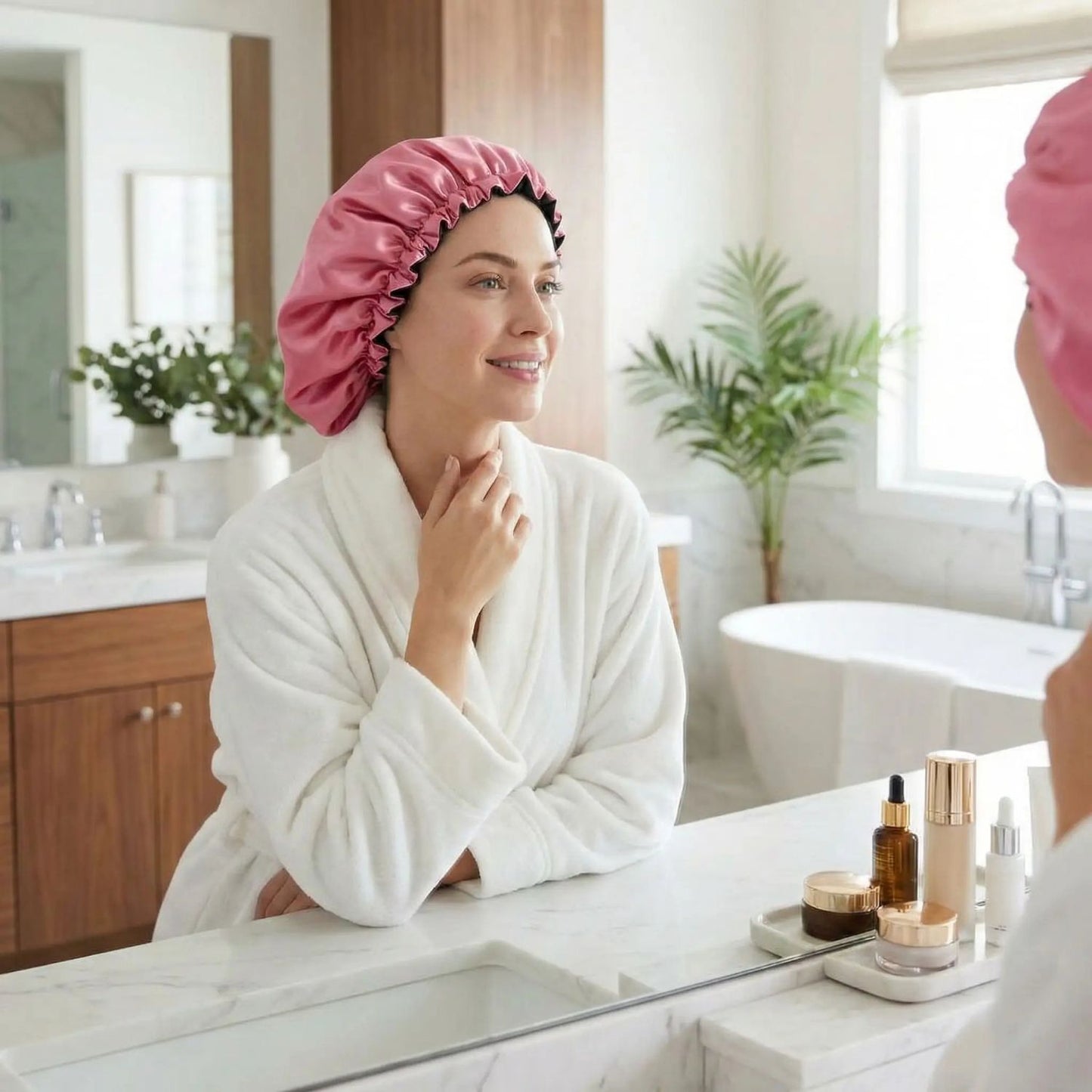 bonnet de nuit en satin satinea rose cheveux bouclés
