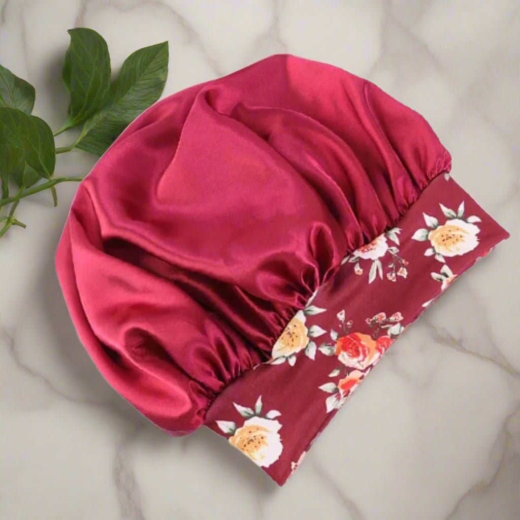 Bonnet en satin cheveux - Floral™ rouge - Ma Couronne Curly