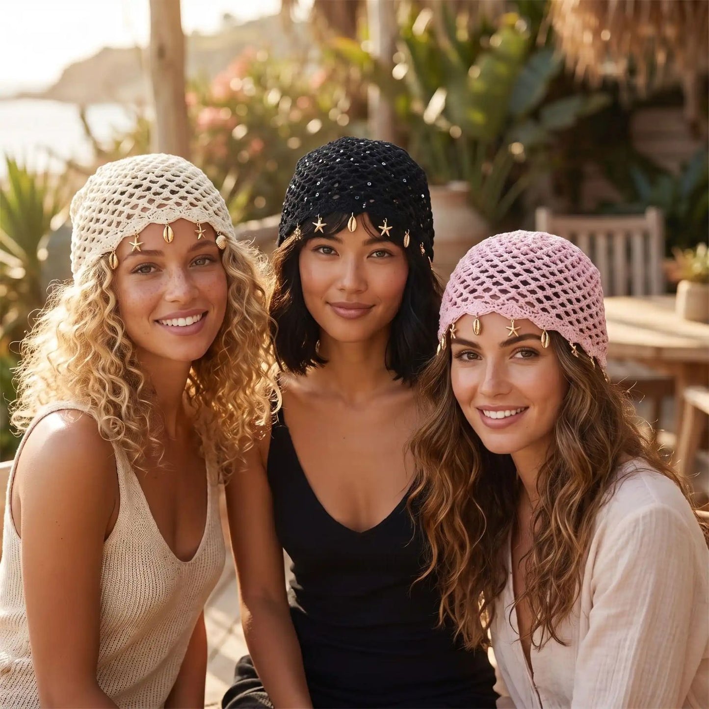 bonnet été camille noir blanc rose maille femme