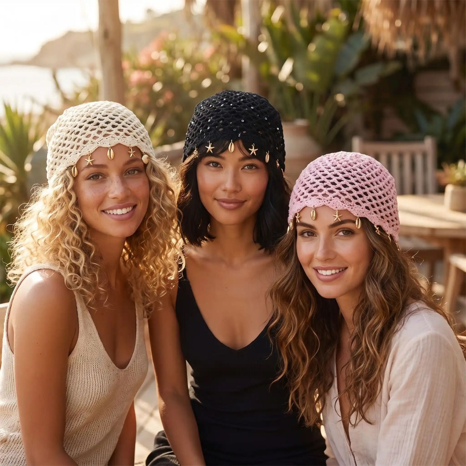 bonnet été camille noir blanc rose maille femme