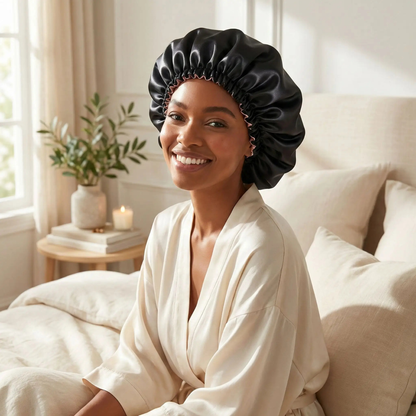 bonnet satin cheveux élastique noir cheveux bouclés frisés crépus