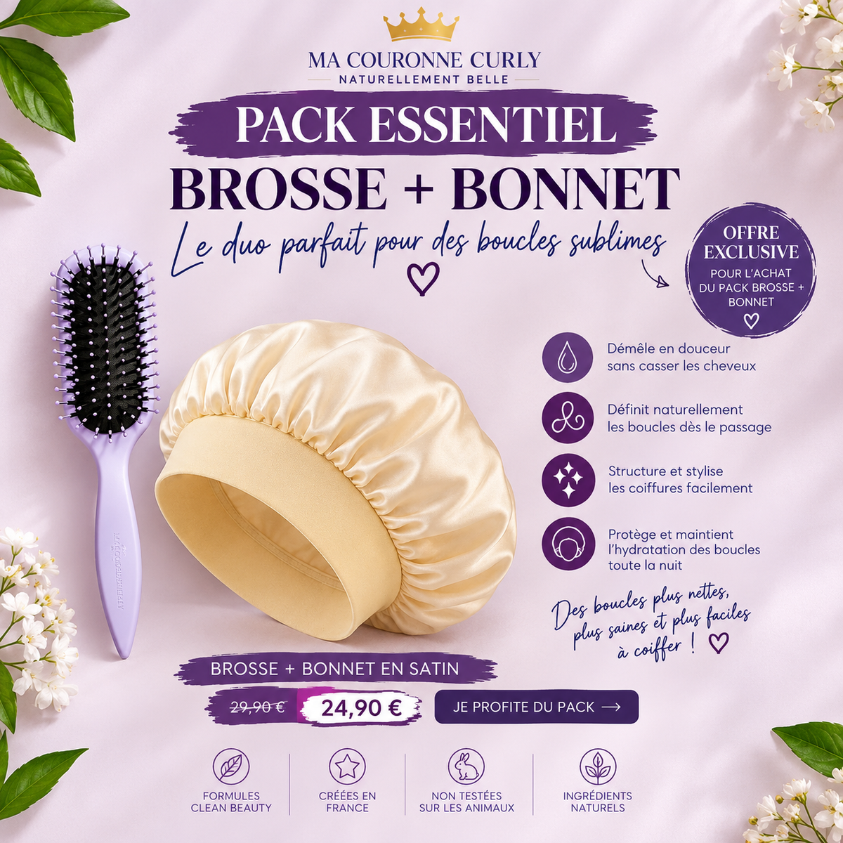 brosse à cheveux bouclés + bonnet en satin 