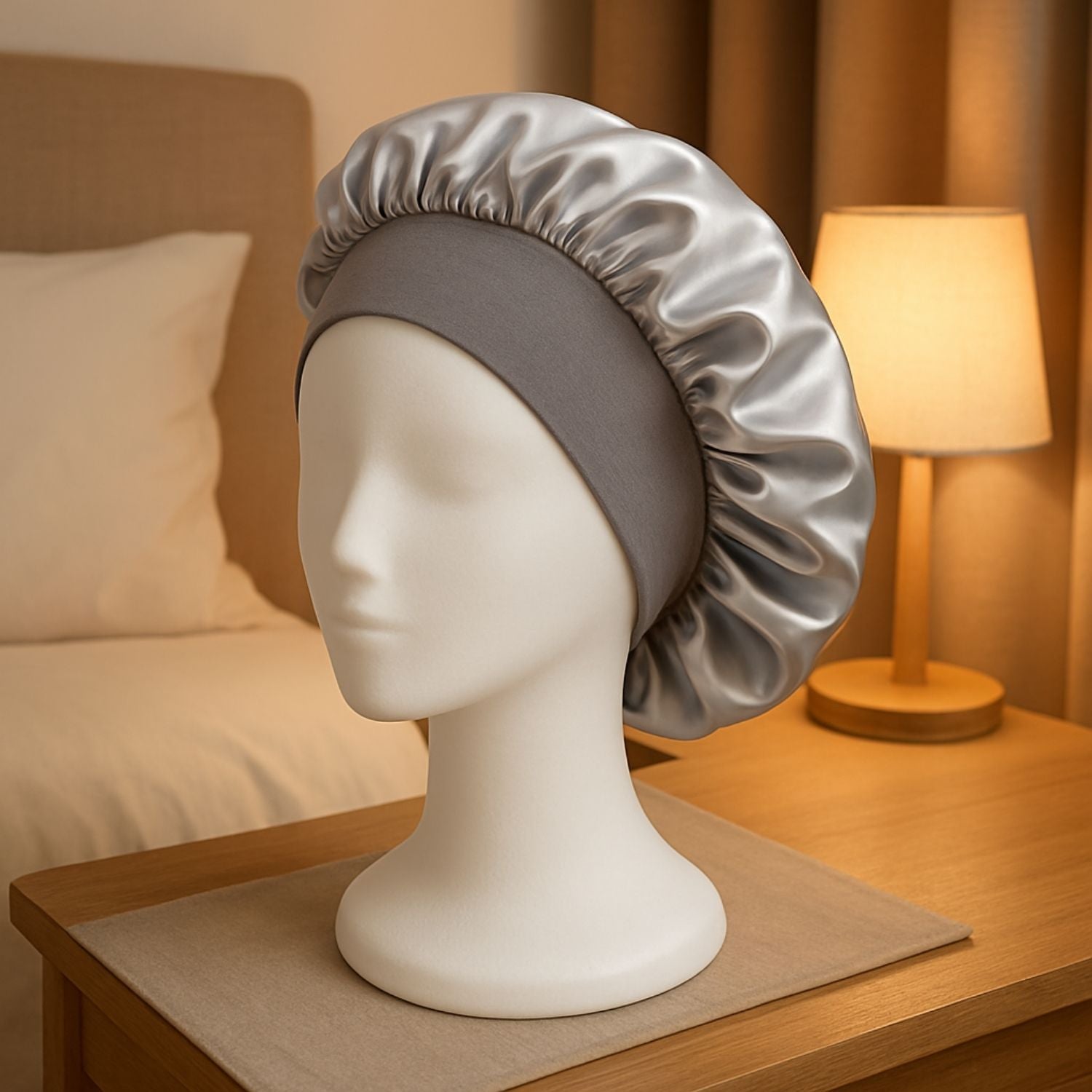 charlotte en satin gris femme cheveux texturés bouclés bonnet satin 