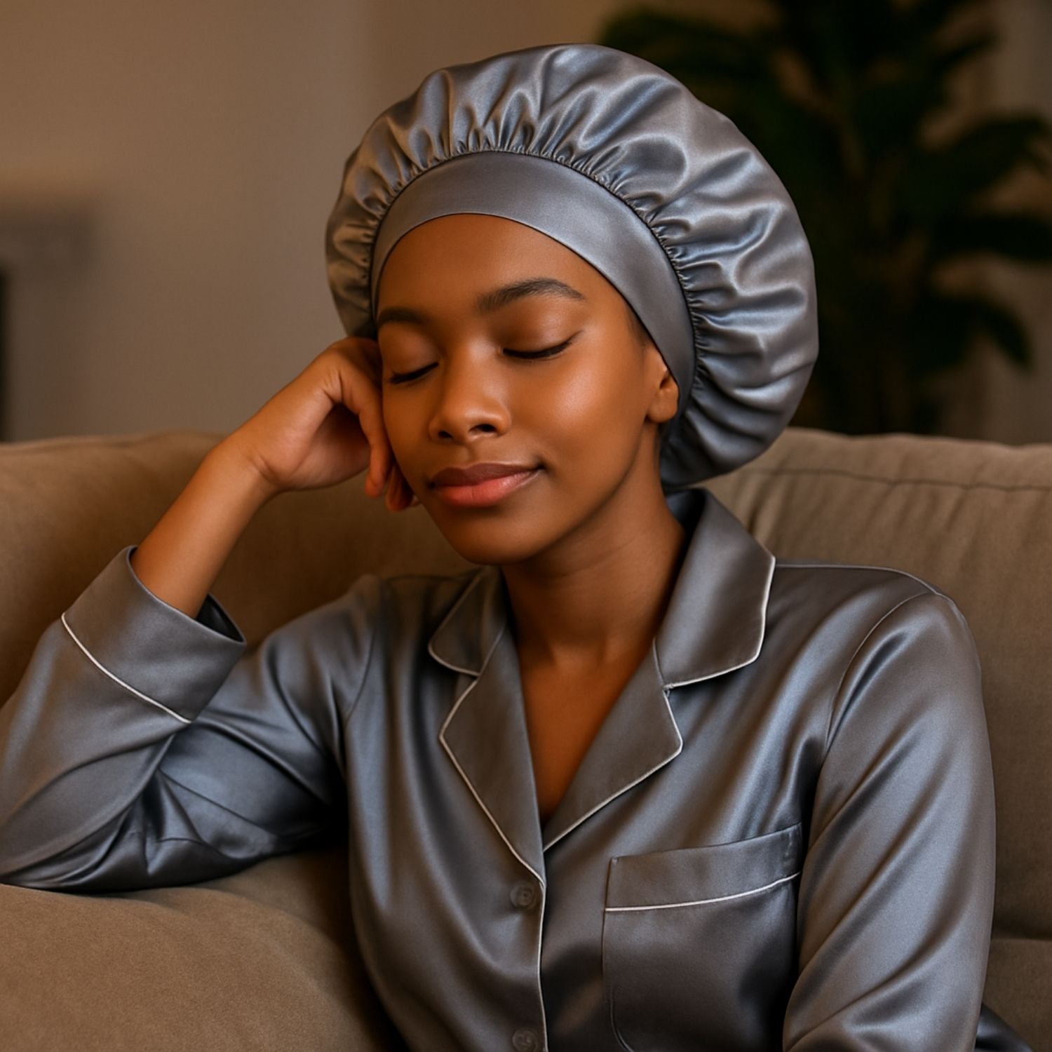 charlotte en satin gris femme protection nocturne capillaire bonnet satin