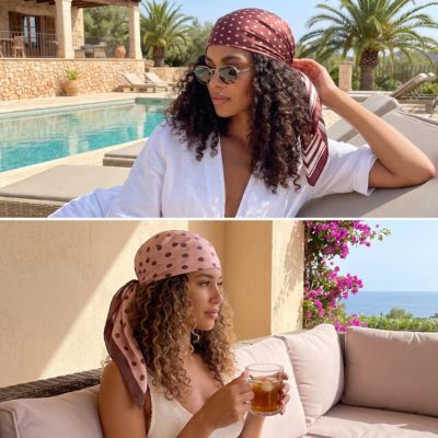 foulard celine femme cheveux bouclés rose rouge pois satin dos